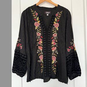 Johnny Was Floral Motif Top Blouse Black Gold Velvet Detail L Women